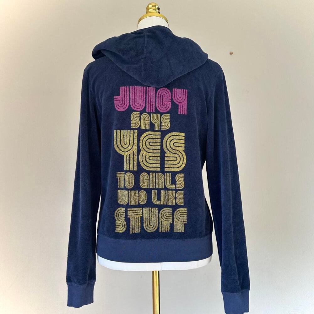 Juicy Couture Zip Up Hoodie XL Navy Blue Spellout Preppy Glam Y2K